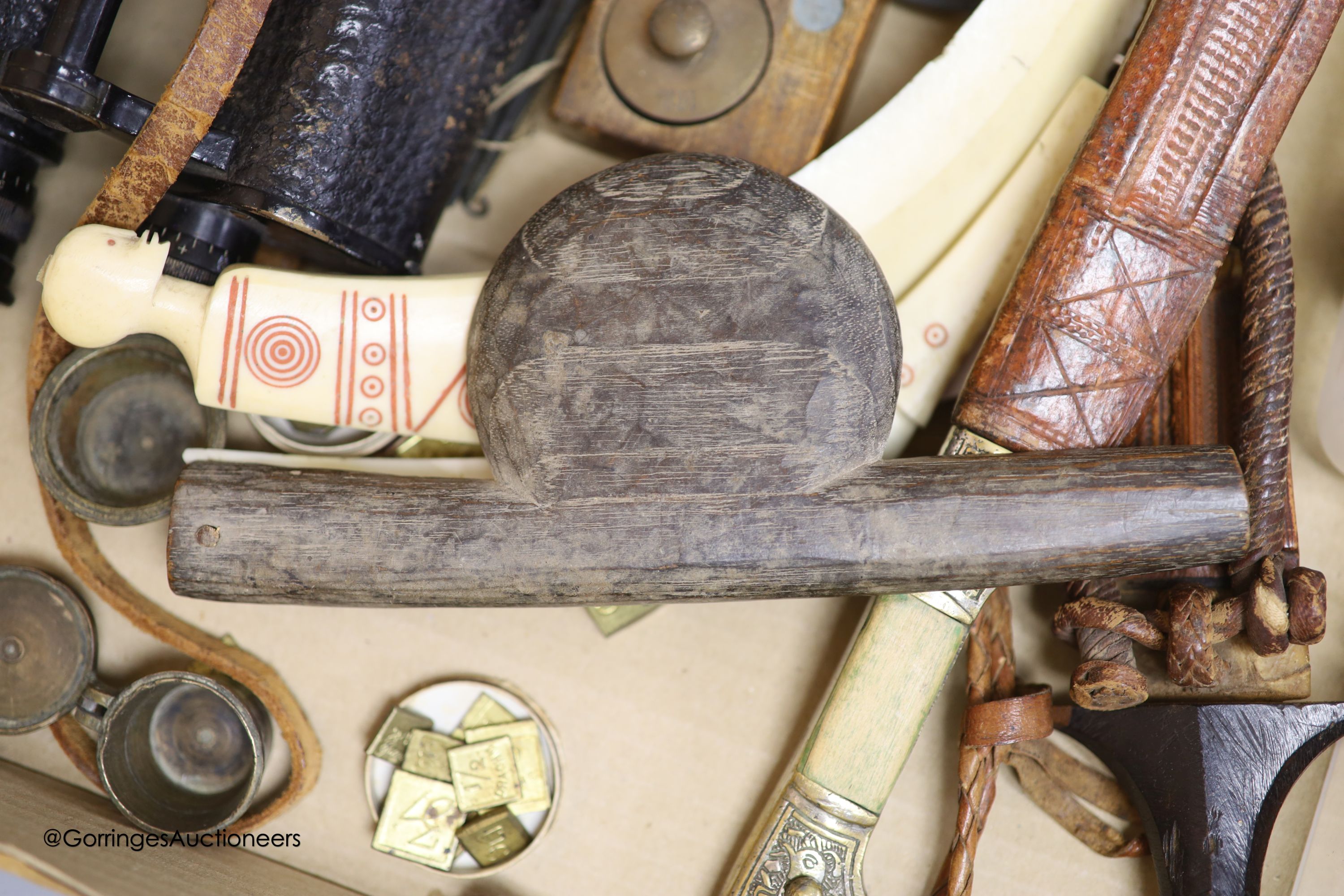 Four shot balls, two daggers, various weights, a pair of binoculars and Chinese hardstone cameo beads etc